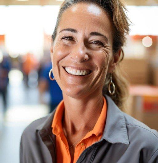 Colaboradora sorrindo no ambiente de trabalho